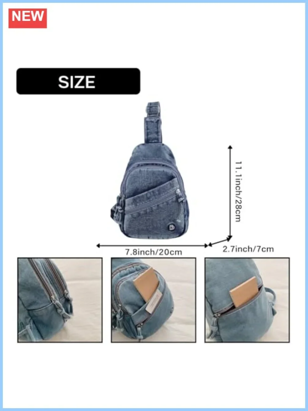 Y2K Denim Sling Bag Crossbody Chest Bag Faded Wash Jean Purse